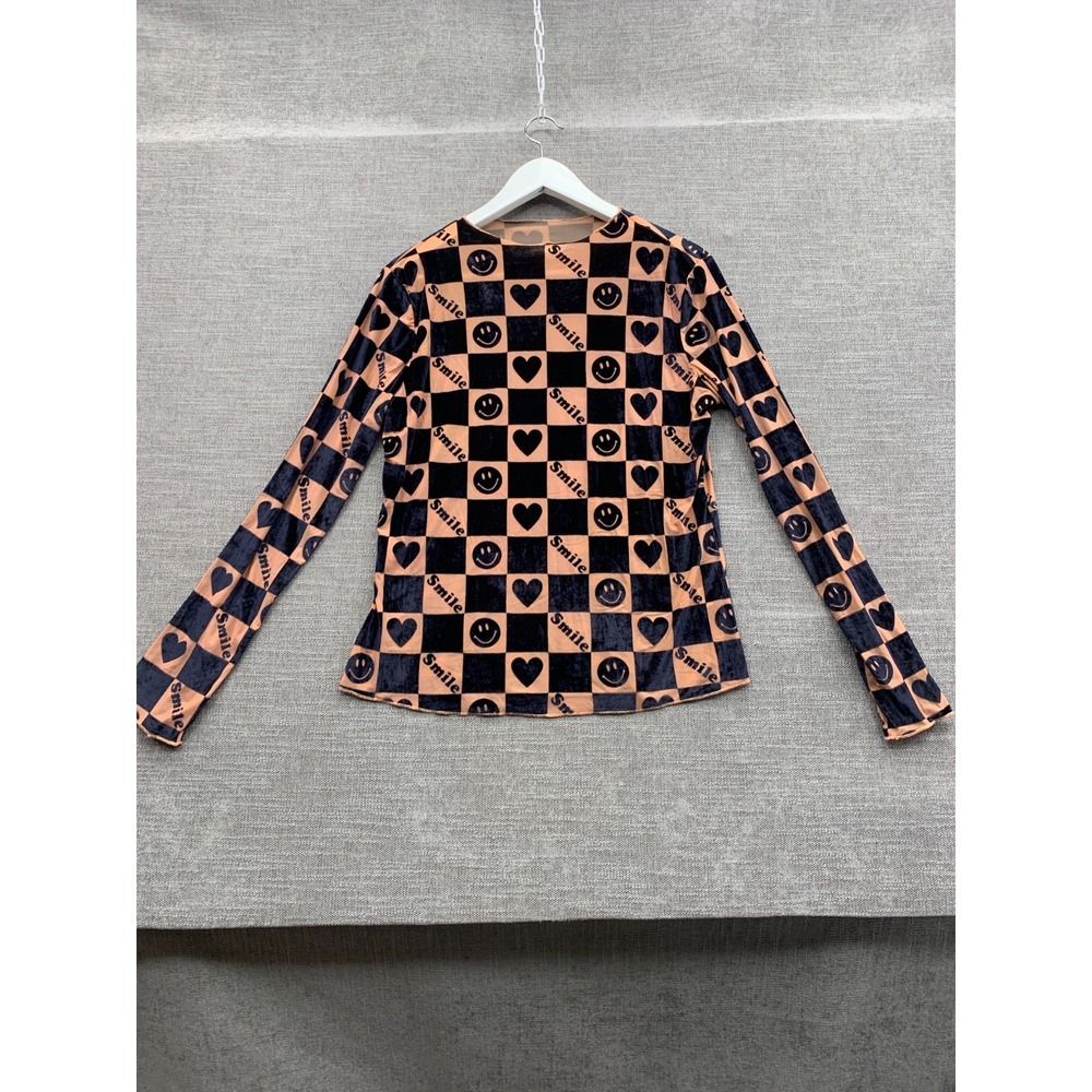Davi & Dani Top Womens Large Black Peach Smile Heart Print Stretch Long Sleeve